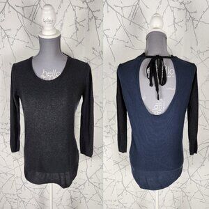 Babaton Blue Black Silk Cashmere Knit Scoop Back Top